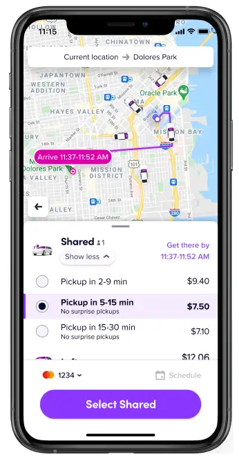 Lyft Shared Rides — pickup window and price options