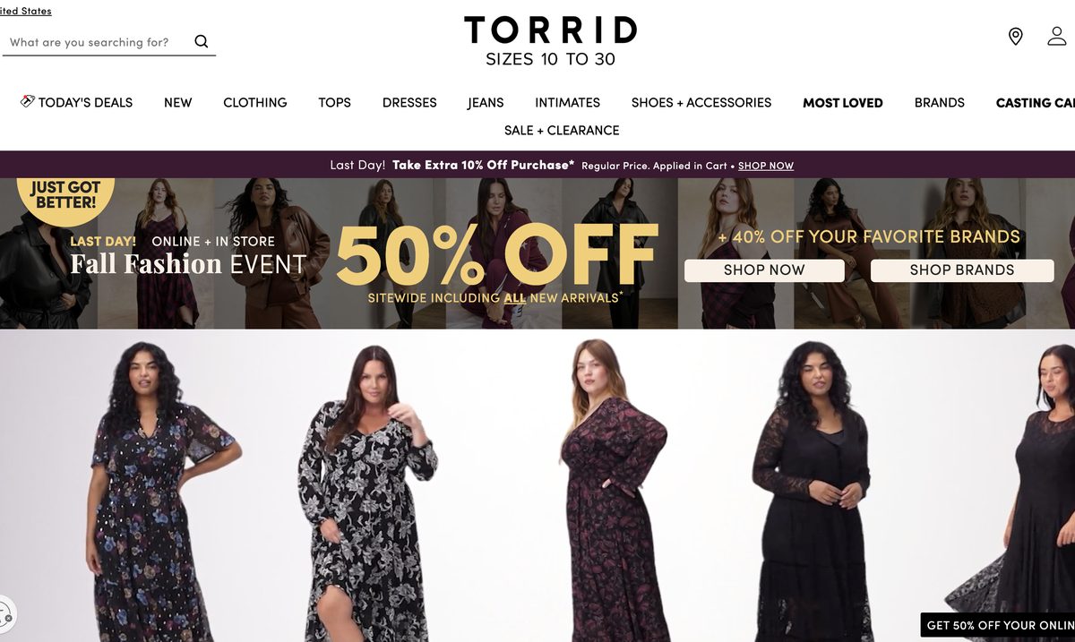 Torrid 官网,尺码范围写在品牌名下面。来源:Torrid