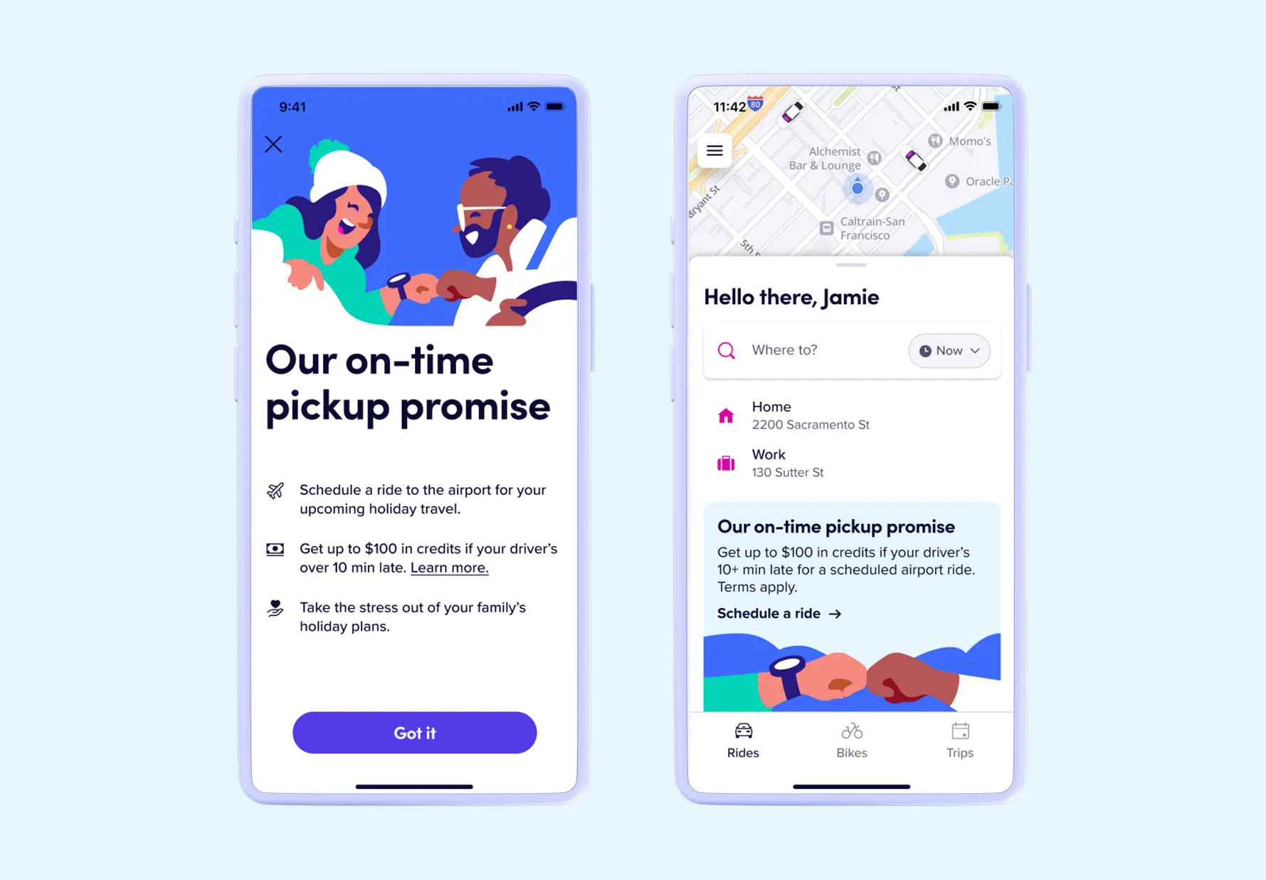 Lyft on-time pickup promise — in-app screens