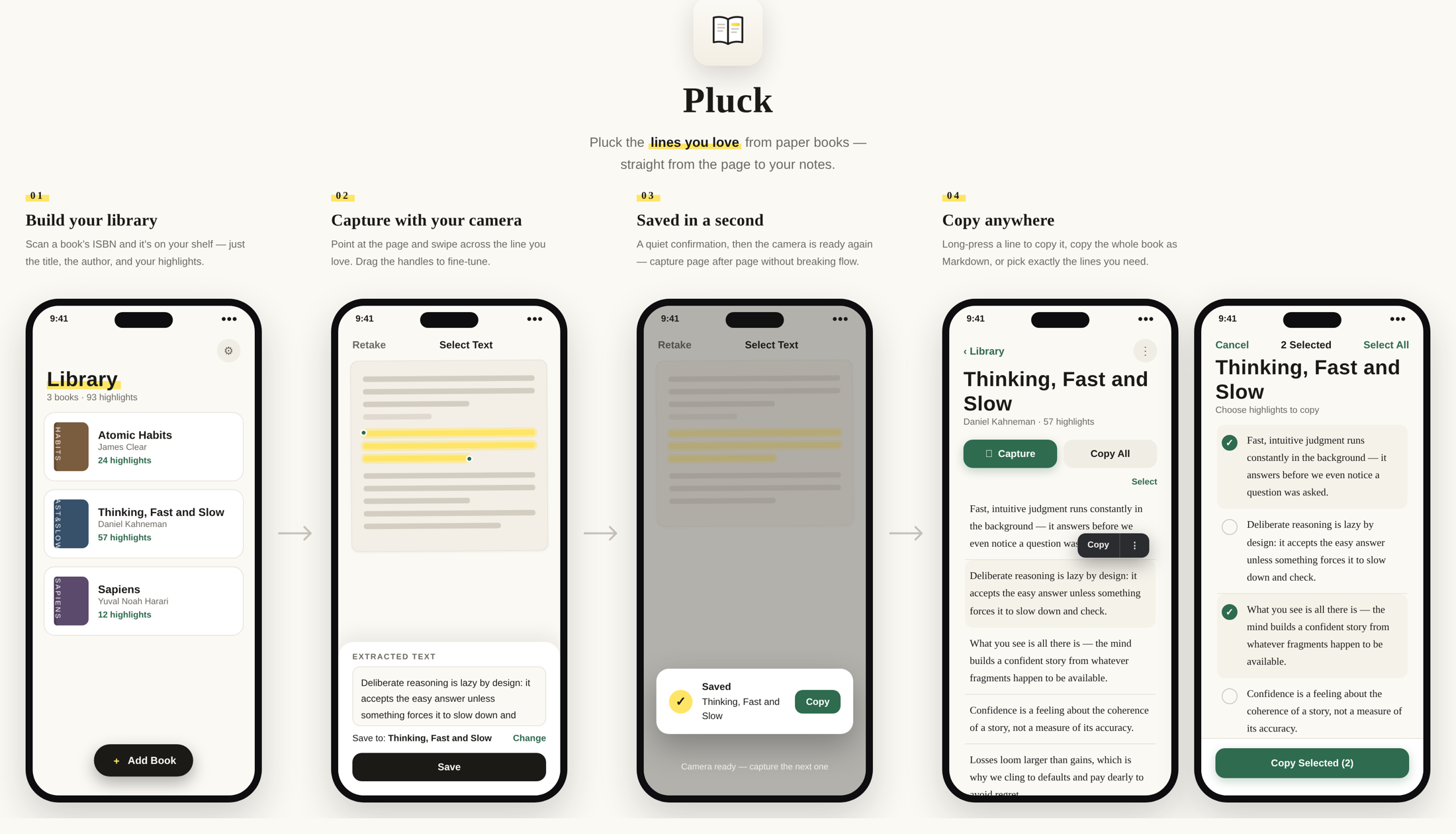 Pluck product flow — build your library, capture with your camera, saved in a second, copy anywhere